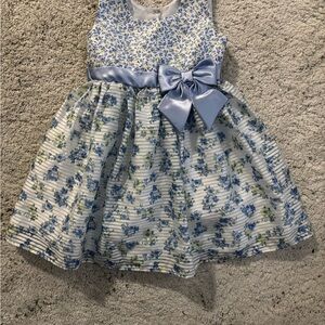 Jona Michelle Cream and Blue Floral Sleeveless Dress with Bow Size 3